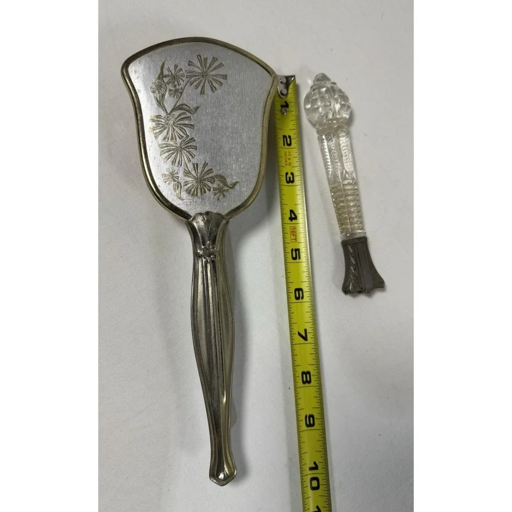 Vintage Silver Tone Hairbrush With Glass Mirror Handle‎